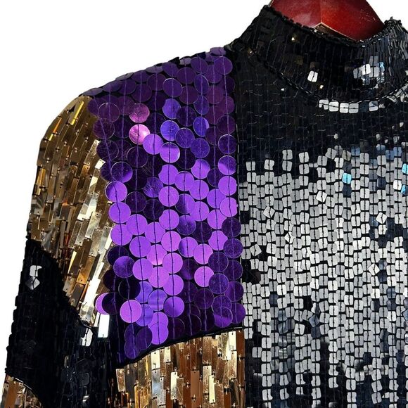 CEDARS VINTAGE SILK SEQUIN PARTY DRESS SIZE 4 Gold Purple Mini Long Sleeve 80s - Picture 14 of 16
